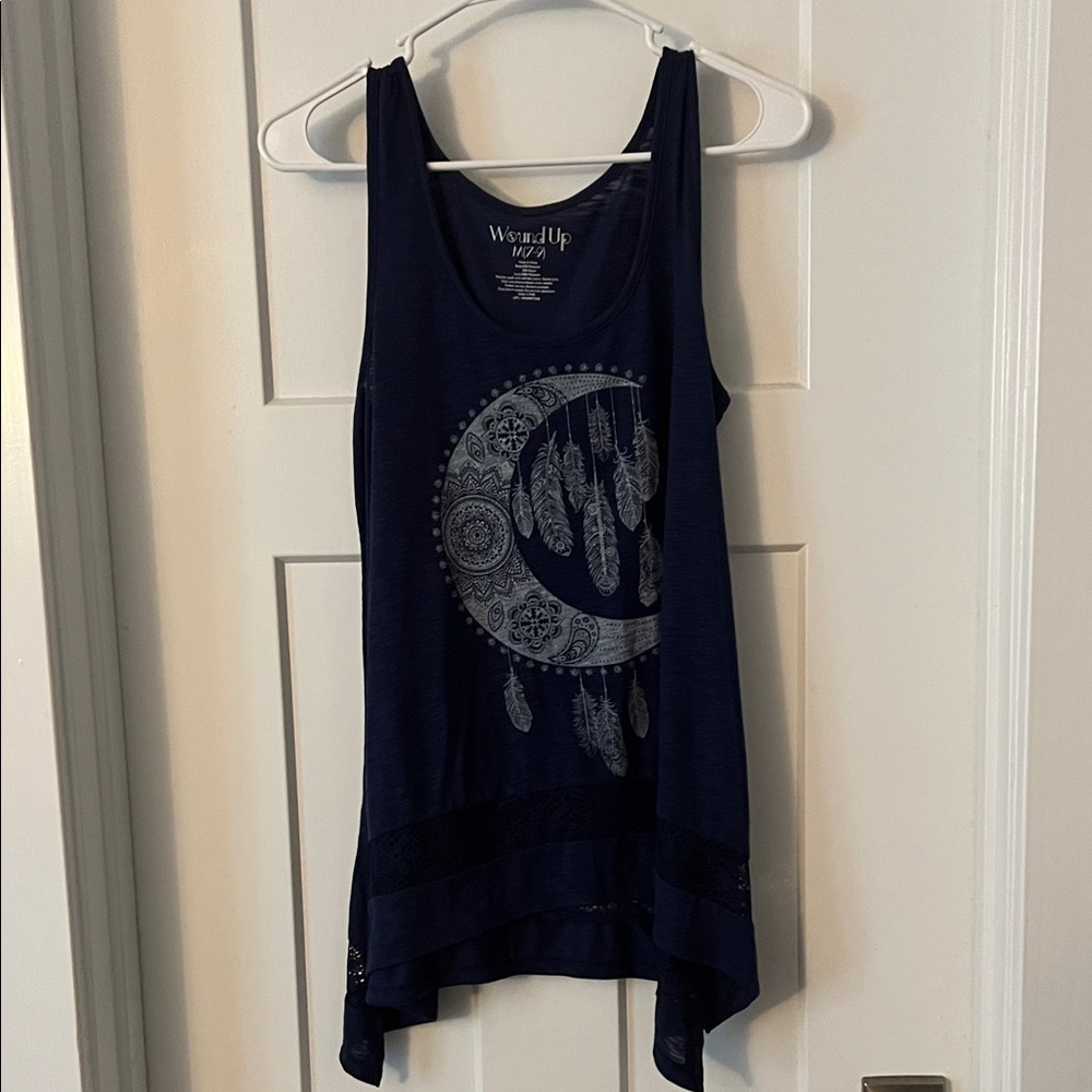 Wound Up Dark Blue Feather Graphic Tank Top
